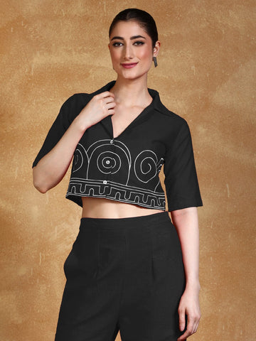 Thread embroidered crop shirt with trouser